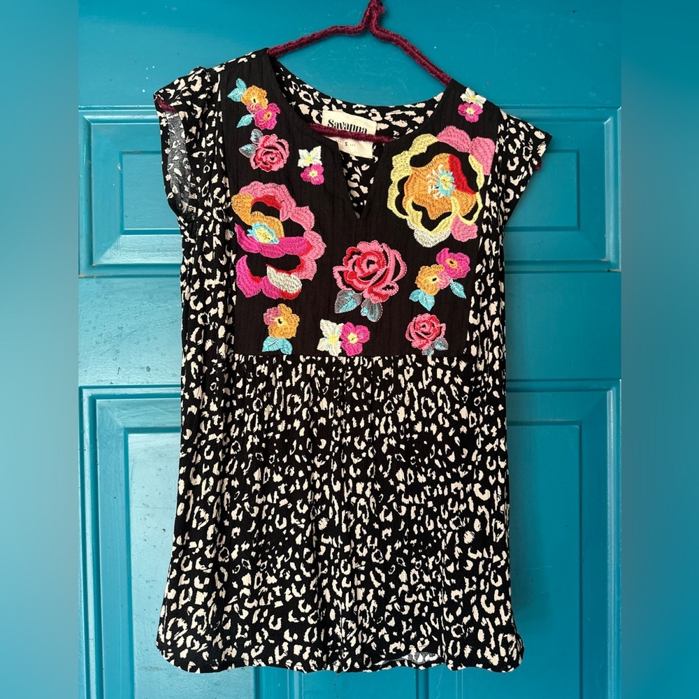 Savanna Jane embroidered top, black with bright floral accents size S